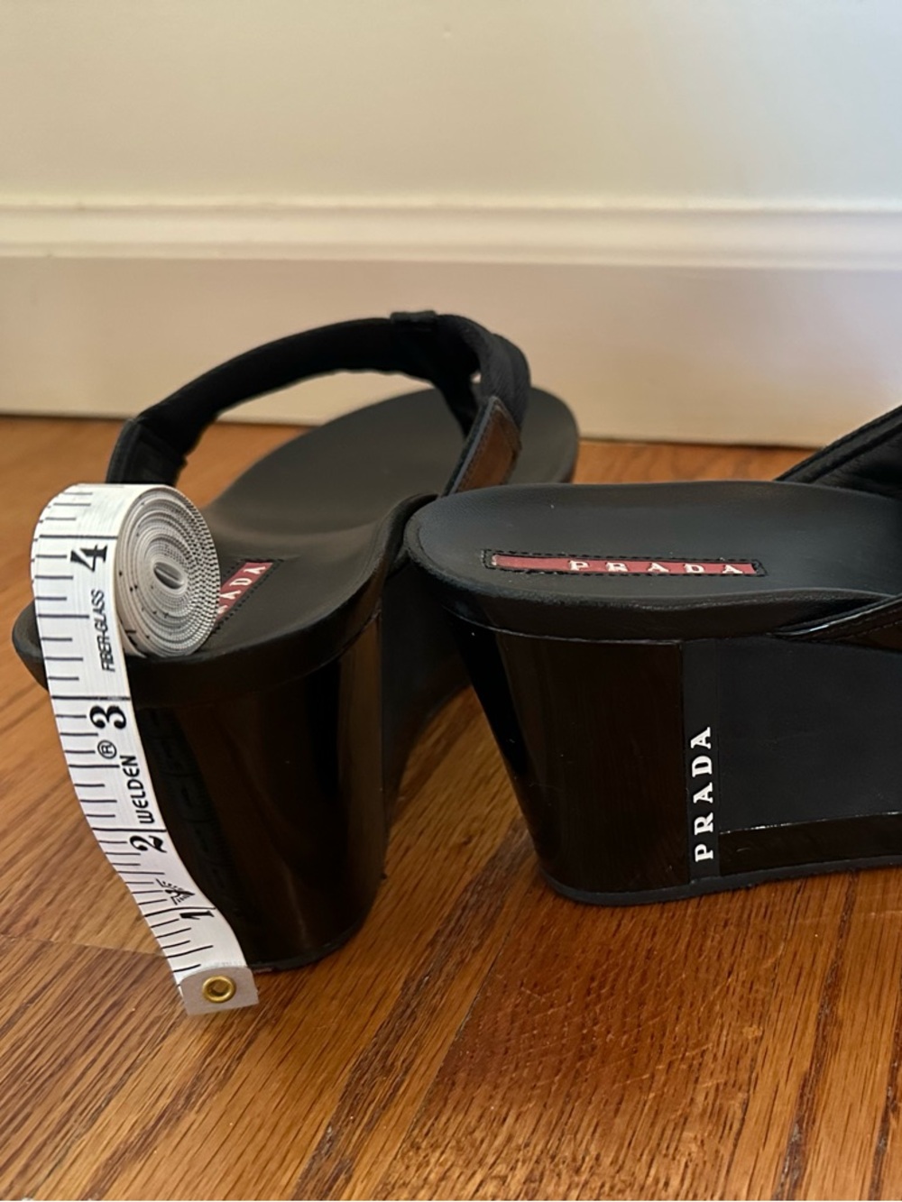 Prada Black Wedge Thong Sandals with Logo Plaque - Picture 5 of 6